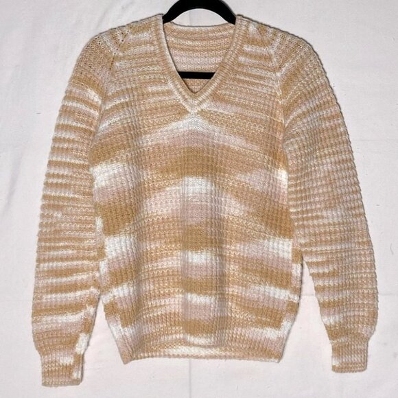 Handmade Tan Pink White Knit Crew Neck Sweater S - Picture 11 of 11